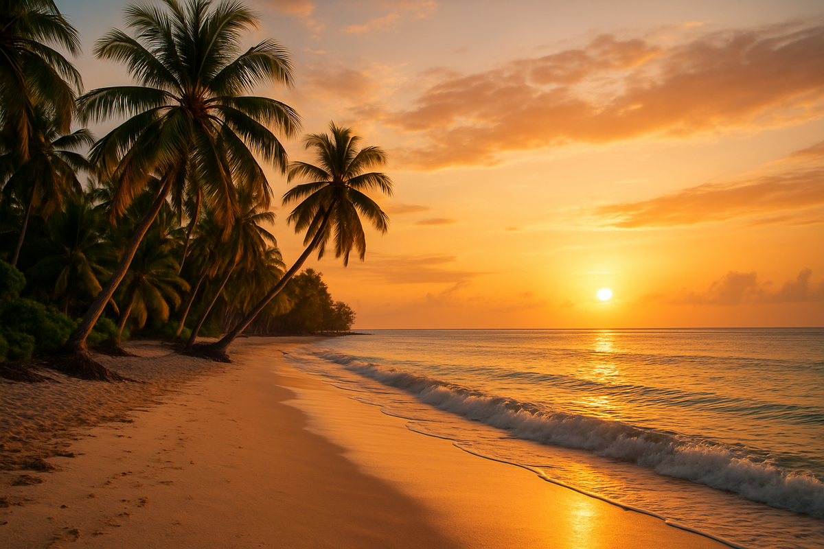 Sansibar Strand und Palmen bei Sonnenuntergang